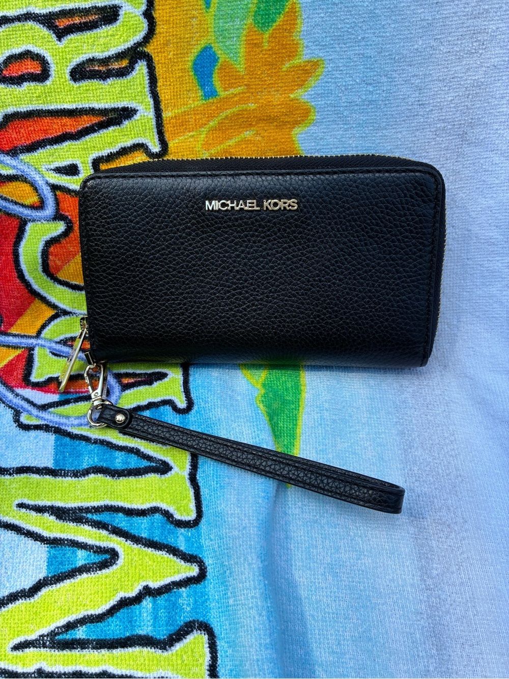 Michael Kors Black Pebbled Leather Zip Wristlet with Gold Hardware